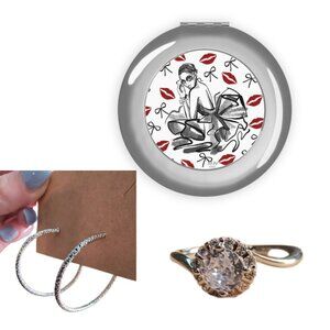 Bundle of Compact Makeup Mirror, Silver Ring (size 7) and Silver Hoop Earrings